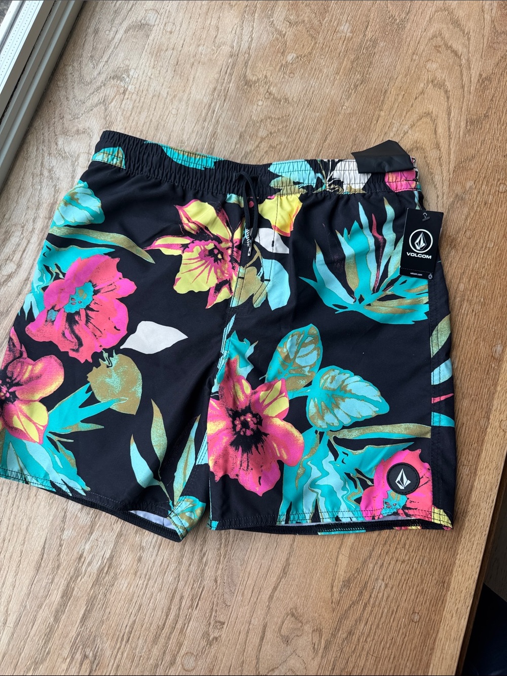 Volcom Black Tropical Floral Swim Shorts with Teal & Pink Accents